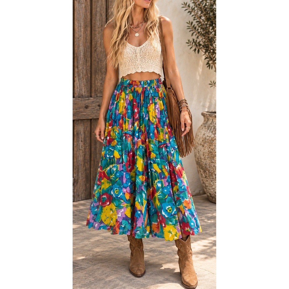 Y2K Boho Whimsigoth Floral Maxi Skirt M Colorful Cotton Festival 90s Eclectic